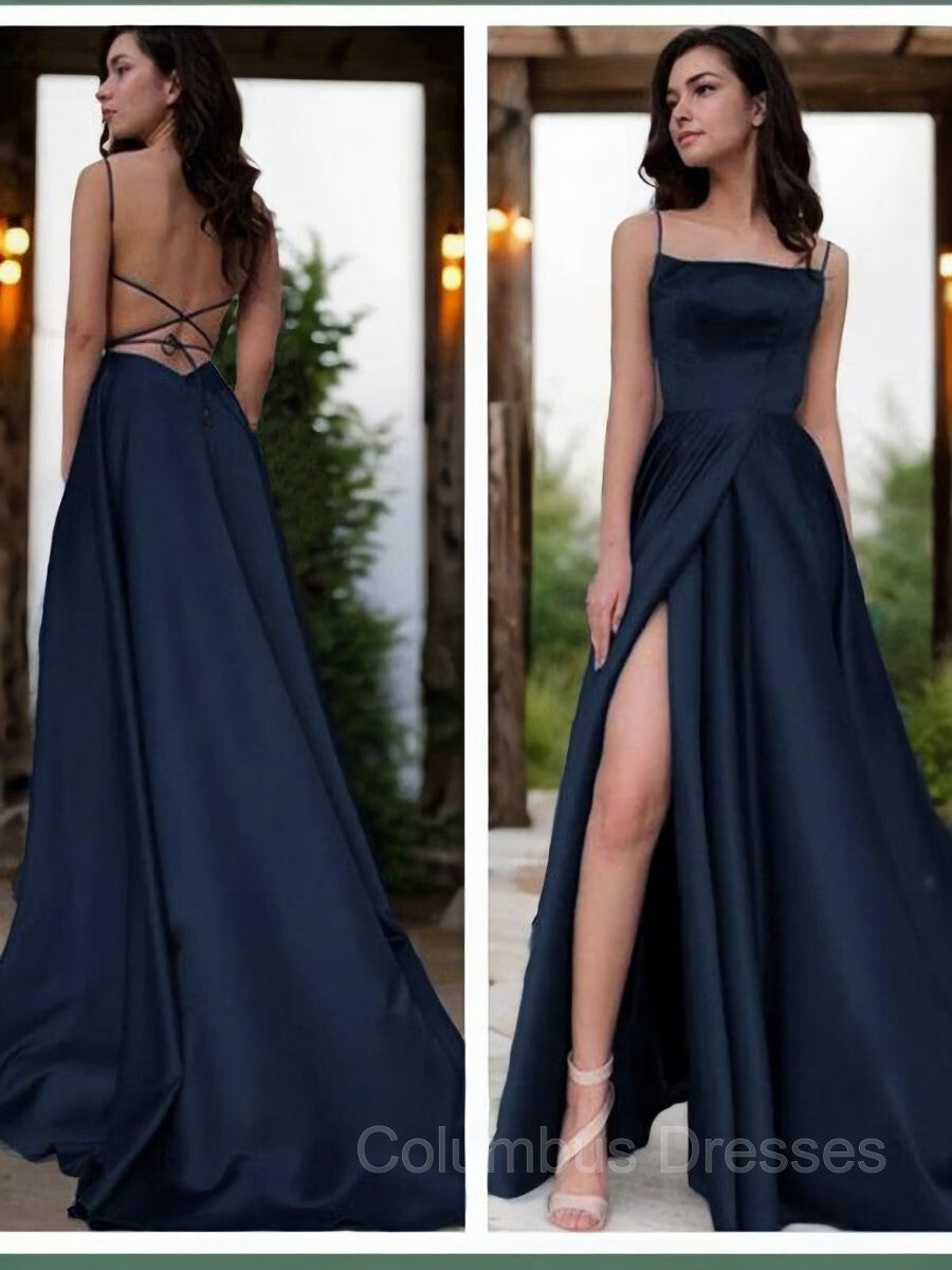 Bridesmaid Dresses Weddings, A-Line/Princess Spaghetti Straps Sweep Train Satin Prom Dresses With Leg Slit