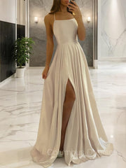 Prom Dress Unique, A-Line/Princess Spaghetti Straps Sweep Train Silk like Satin Prom Dresses With Leg Slit