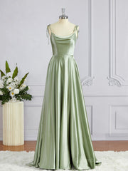 Graduation Dress, A-Line/Princess Square Sweep Train Silk like Satin Bridesmaid Dresses with Leg Slit