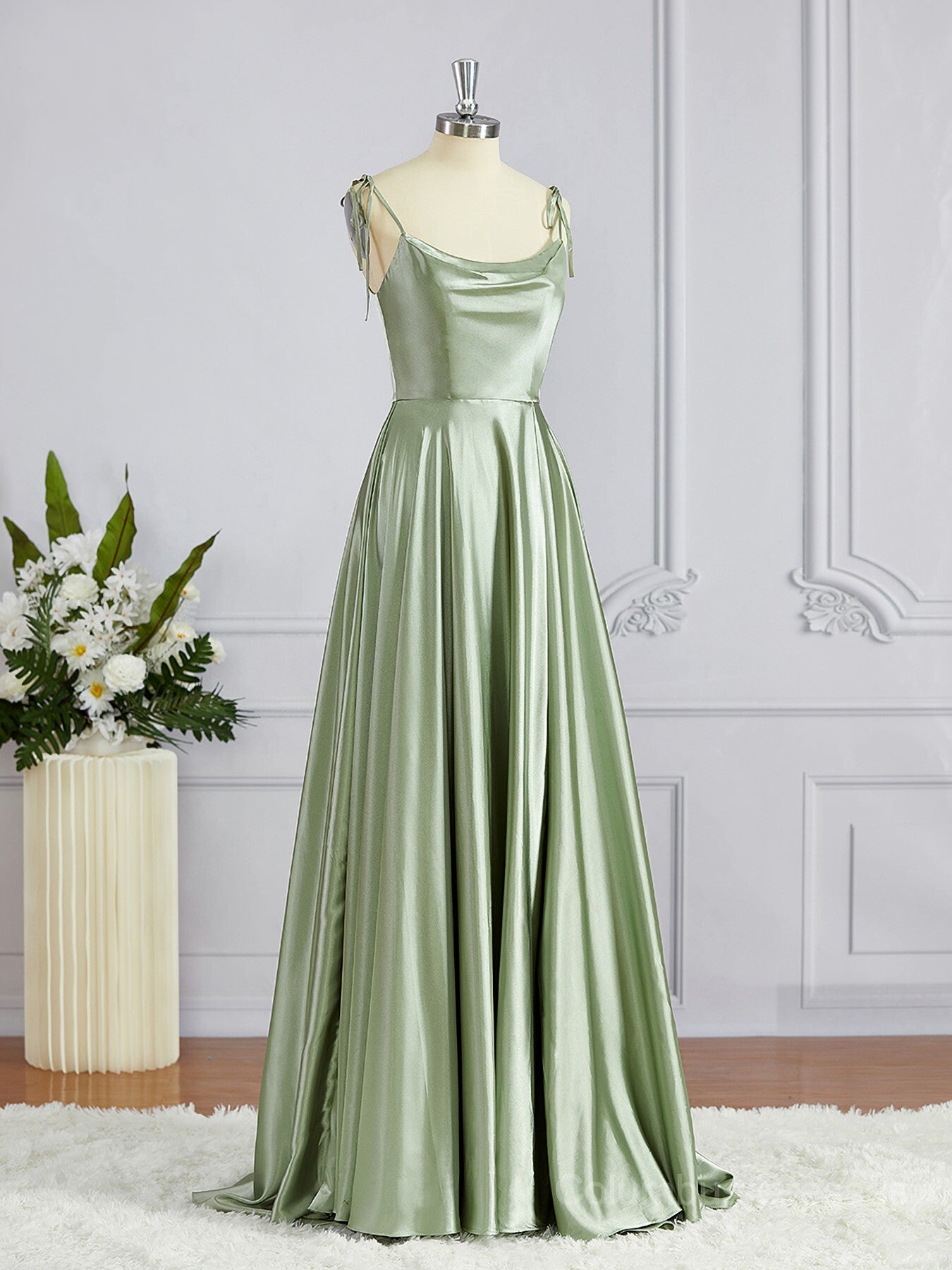 Graduation Outfit Ideas, A-Line/Princess Square Sweep Train Silk like Satin Bridesmaid Dresses with Leg Slit