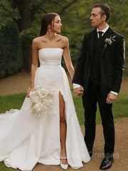 Wedding Dress Under 107, A-Line/Princess Strapless Cathedral Train Stretch Crepe Wedding Dresses With Leg Slit