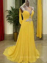 Summer Wedding, A-Line/Princess Straps Sweep Train Chiffon Prom Dresses With Beading