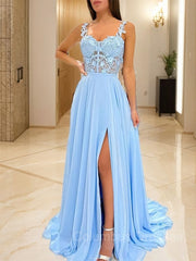 Evening Dresses On Sale, A-Line/Princess Straps Sweep Train Chiffon Prom Dresses With Leg Slit