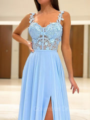 Evening Dresses Cheap, A-Line/Princess Straps Sweep Train Chiffon Prom Dresses With Leg Slit