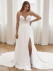 Wedding Dress For Short Bride, A-Line/Princess Sweetheart Chapel Train Chiffon Wedding Dresses With Leg Slit