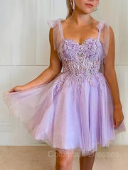 Hoco, A-Line/Princess Sweetheart Short/Mini Tulle Homecoming Dresses With Appliques Lace