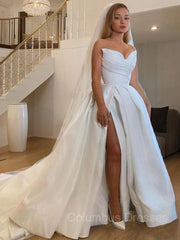 Wedding Dresses Design, A-Line/Princess Sweetheart Sweep Train Satin Wedding Dresses With Leg Slit