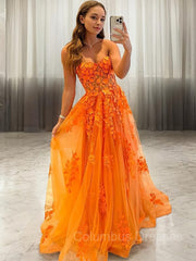 Prom Dress With Long Sleeves, A-Line/Princess Sweetheart Sweep Train Tulle Prom Dresses With Appliques Lace