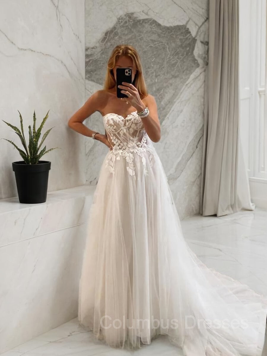 Wedding Dresses V Neck, A-Line/Princess Sweetheart Sweep Train Tulle Wedding Dresses With Appliques Lace