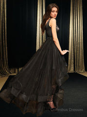 Formal Dress Long Sleeved, A-Line/Princess V-neck Asymmetrical Tulle Prom Dresses With Beading