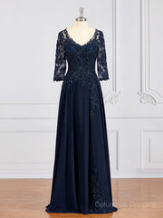 Bridesmaids Dresses Satin, A-Line/Princess V-neck Chiffon Floor-Length Mother of the Bride Dresses With Appliques Lace