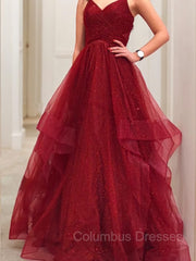 Evening Dresses Off The Shoulder, A-Line/Princess V-neck Floor-Length Net Prom Dresses