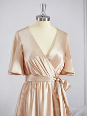 Bridesmaid Dresses Under 119, A-Line/Princess V-neck Floor-Length Silk like Satin Bridesmaid Dresses with Belt/Sash