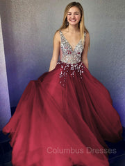 Formal Dress Attire For Wedding, A-Line/Princess V-neck Floor-Length Tulle Evening Dresses With Beading