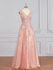 Bridesmaid Dressing Gowns, A-Line/Princess V-neck Floor-Length Tulle Mother of the Bride Dresses With Appliques Lace