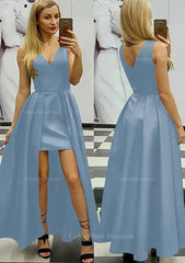 Prom Dresses Elegant, A-line/Princess V Neck Sleeveless Asymmetrical Satin Prom Dress With Pleated