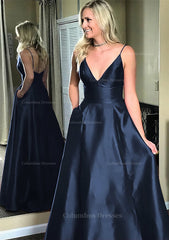 Prom Dress Shopping Near Me, A-line/Princess V Neck Sleeveless Sweep Train Satin Prom Dresses