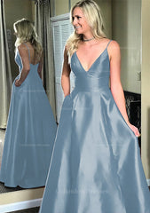 Prom Dress Shop Near Me, A-line/Princess V Neck Sleeveless Sweep Train Satin Prom Dresses