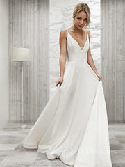 Wedding Dress Bride, A-Line/Princess V-neck Sweep Train Charmeuse Wedding Dresses