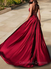 Formal Dresses Wedding, A-Line/Princess V-neck Sweep Train Elastic Woven Satin Evening Dresses With Leg Slit