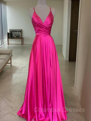 Bridesmaid Dresses Neutral, A-Line/Princess V-neck Sweep Train Elastic Woven Satin Prom Dresses