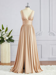 Bridesmaid Dresses Online, A-Line/Princess V-neck Sweep Train Jersey Bridesmaid Dresses with Leg Slit