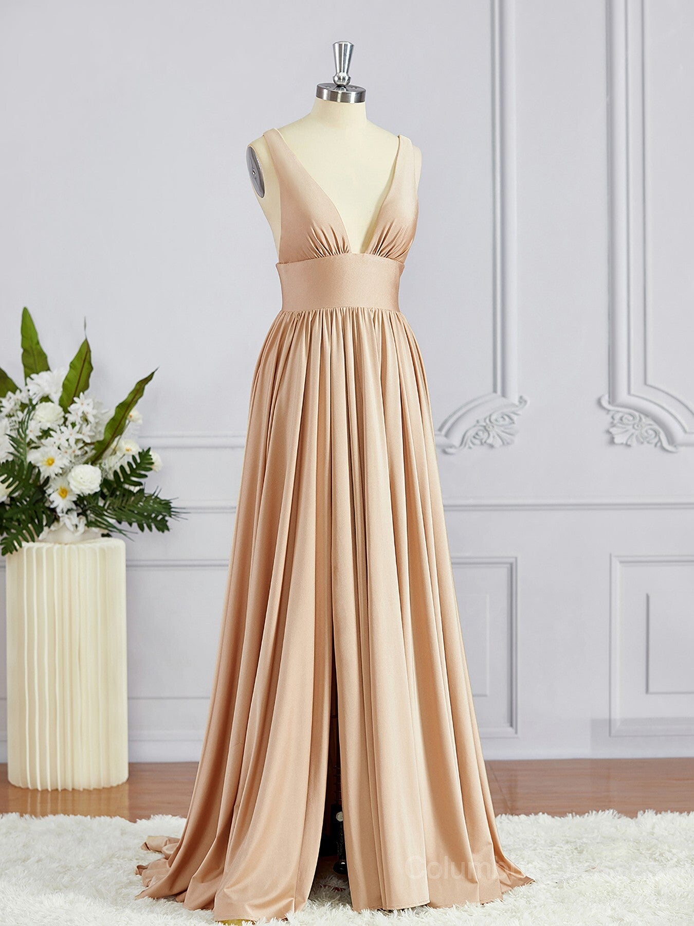 Bridesmaid Dresses Fall, A-Line/Princess V-neck Sweep Train Jersey Bridesmaid Dresses with Leg Slit