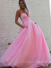 Bridesmaid Dresses For Beach Wedding, A-Line/Princess V-neck Sweep Train Prom Dresses With Pockets