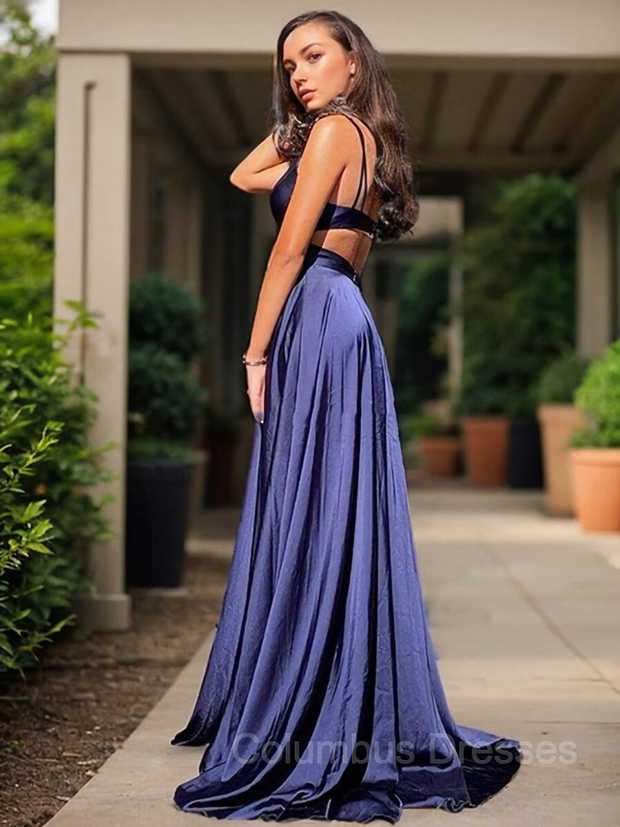 Formal Dressed Long, A-Line/Princess V-neck Sweep Train Silk like Satin Evening Dresses With Leg Slit