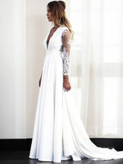 Wedding Dresses Brides, A-Line/Princess V-neck Sweep Train Stretch Crepe Wedding Dresses