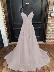 Formal Dresses Elegant, A-Line/Princess V-neck Sweep Train Tulle Evening Dresses With Appliques Lace