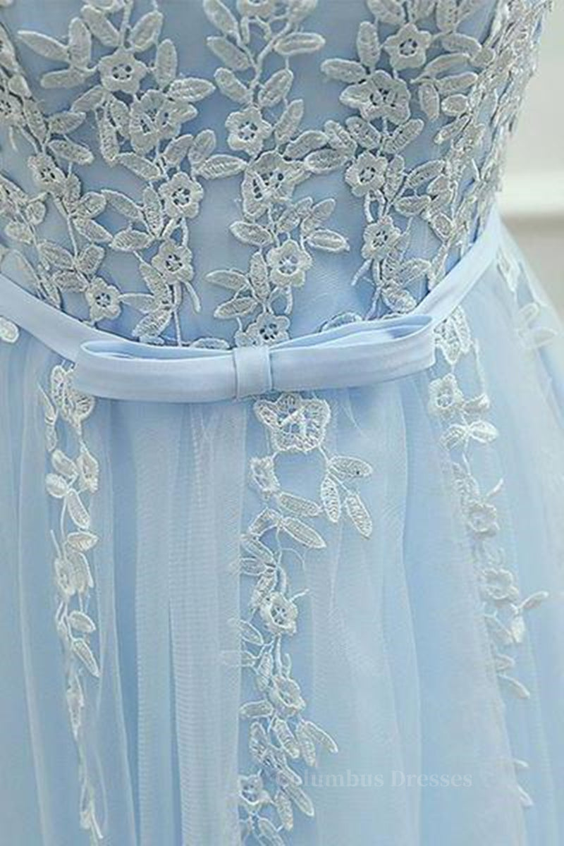 Prom Dresses Blue Light, A Line Round Neck Lace Blue Short Prom Dress, Short Blue Lace Formal Graduation Homecoming Dress