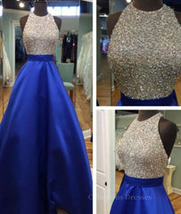 Evening Dresses Lace, A Line Round Neck Sequins Backless Royal Blue Prom Dresses, Royal Blue Formal Dresses, Backless Royal Blue Evening Dresses