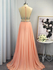 White Dress, A-line Scoop Beading Sweep Train Chiffon Dress