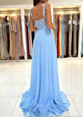 Bridesmaid Dress Uk, A-line Sweetheart Sleeveless Sweep Train Chiffon Prom Dress With Appliqued Split