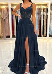 Bridesmaid Dresses Uk, A-line Sweetheart Sleeveless Sweep Train Chiffon Prom Dress With Appliqued Split