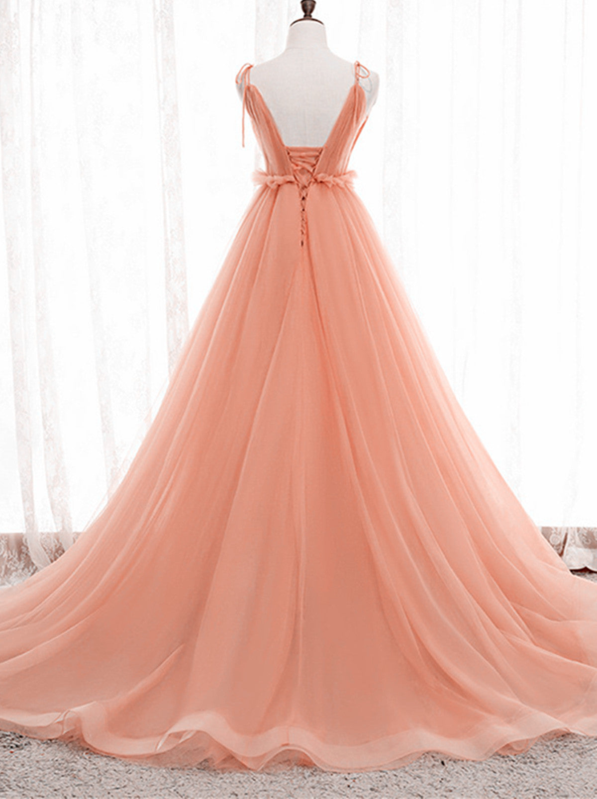 Wedding Dress Styles, A-line Tulle Straps Low Back Long Wedding Party Dress, Pink Tulle Long Prom Dress