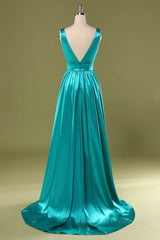 Evening Dresses Boutique, A Line V Neck and V Back Turquoise Long Prom Dress with Slit, Turquoise Formal Graduation Evening Dress