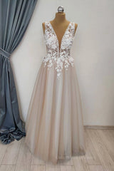 Party Dress Aesthetic, A Line V Neck Appliques Lace Prom Dress, Lace Formal Graduation Evening Dress