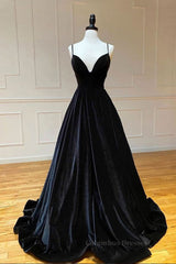 Evening Dresses Wholesale, A Line V Neck Backless Black Velvet Long Prom Dresses, V Neck Black Formal Dresses, Black Velvet Evening Dresses