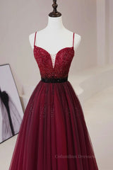 Silk Wedding Dress, A Line V Neck Beaded Burgundy Tulle Long Prom Dress, Beaded Burgundy Formal Graduation Evening Dress