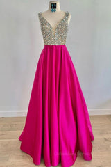 Party Dress Open Back, A Line V Neck Beaded Fuchsia Long Prom Dress, V Neck Fuchsia Formal Dress, Beaded Fuchsia Evening Dress