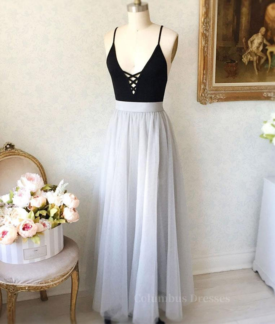 Prom Dresses Ideas, A Line V Neck Black Top Gray Prom Dresses, Gray Formal Dresses, V Neck Black Top Gray Evening Dresses, Graduation Dresses