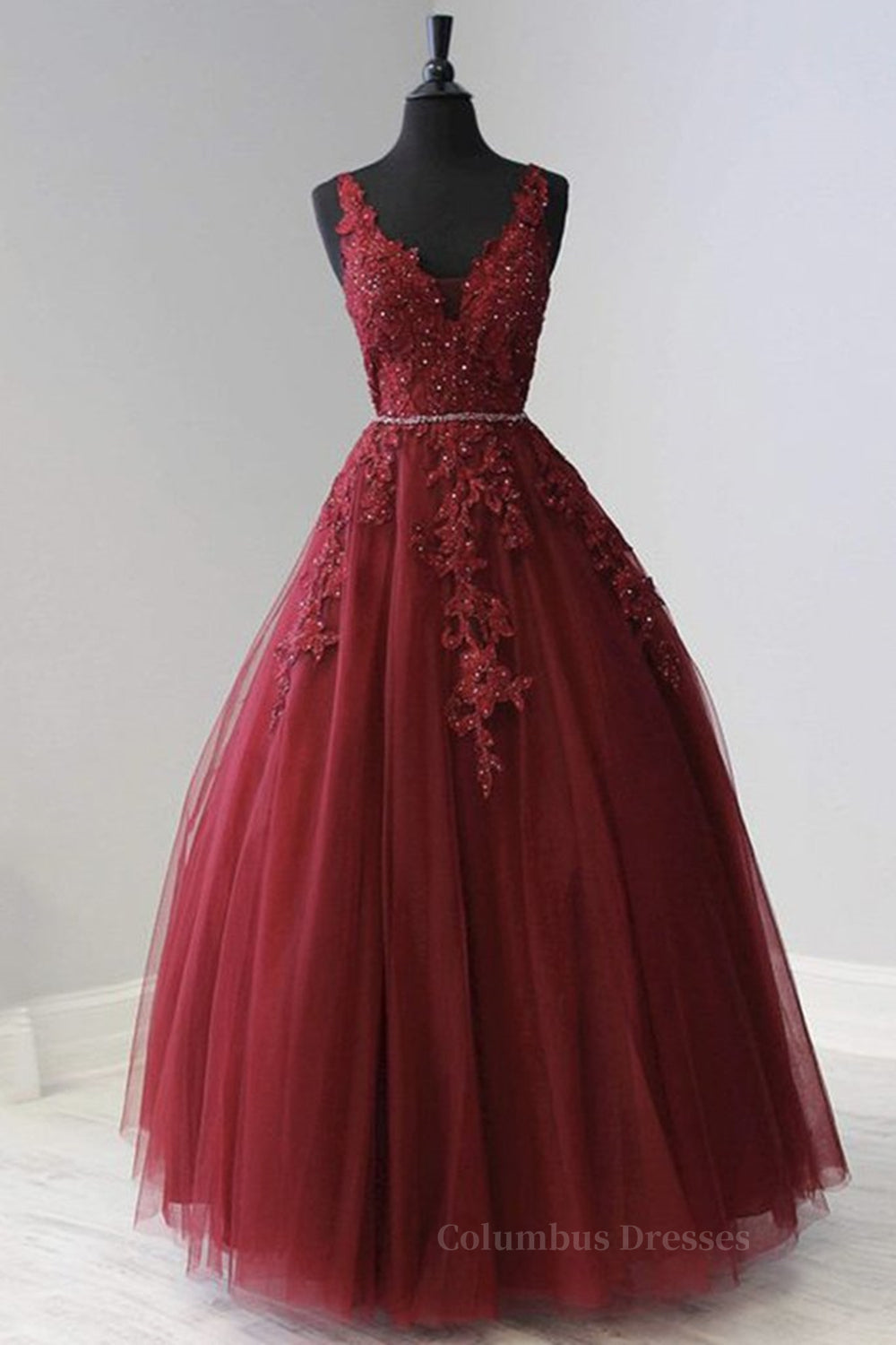 Party Dress Name, A Line V Neck Burgundy Lace Prom Dresses, Burgundy Lace Formal Dresses, Burgundy Evening Dresses