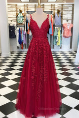 Bridesmaids Dress Styles Long, A Line V Neck Burgundy Lace Prom Dresses, Wine Burgundy Lace Formal Evening Dresses