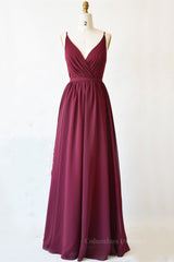 Prom Dress Sleeve, A Line V Neck Burgundy Long Prom Dress with Lace Back, V Neck Burgundy Formal Evening Dress, Burgundy Bridesmaid Dress