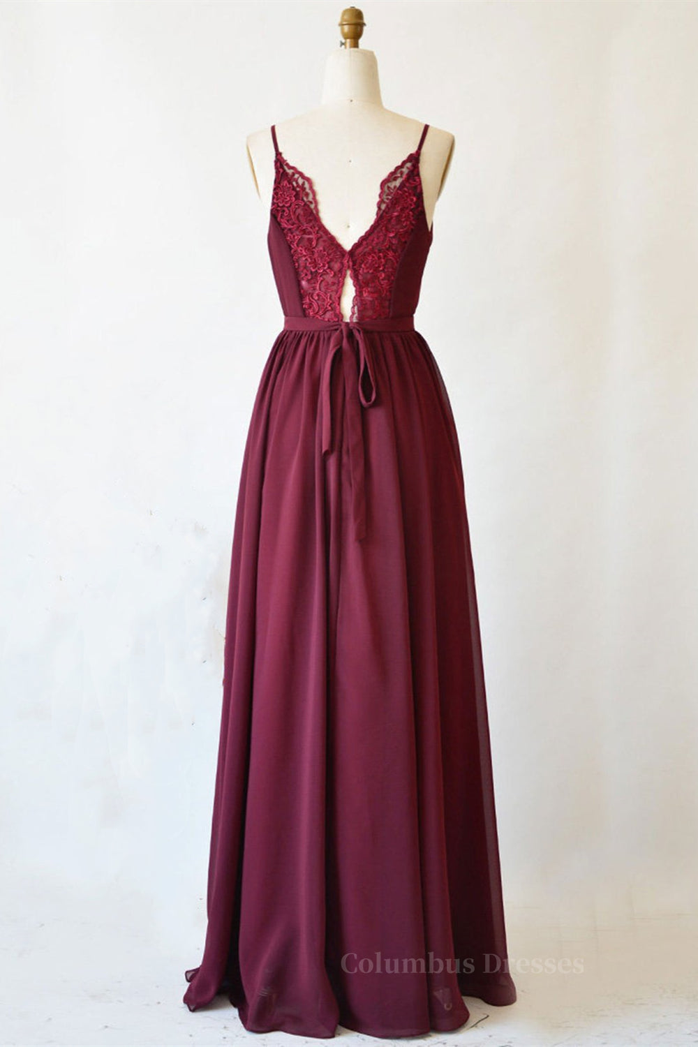 Prom Dresses Sleeves, A Line V Neck Burgundy Long Prom Dress with Lace Back, V Neck Burgundy Formal Evening Dress, Burgundy Bridesmaid Dress