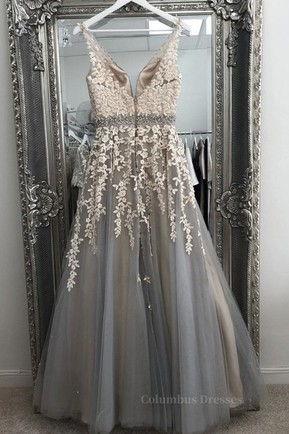 Prom Dress With Tulle, A Line V Neck Gray Lace Long Prom Dress with Belt, Gray Lace Floral Formal Dress, Gray Lace Evening Dress