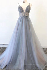 Prom Dress Long Blue, A Line V Neck Grey Beaded Long Prom Dress with Split, Grey Beaded Formal Graduation Evening Dress