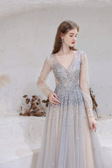 Reception Dress, A Line V-Neck Long Sleeve Beading Tulle Court Train Prom Dresses